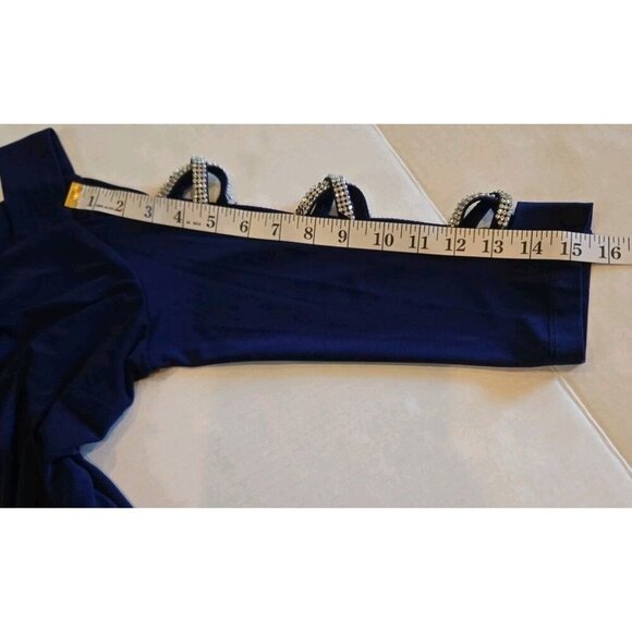 MSK Petite Rhinestone Strap Dress Navy Blue Large Open Sleeve Cold Shoulder 3/4 - Picture 6 of 10